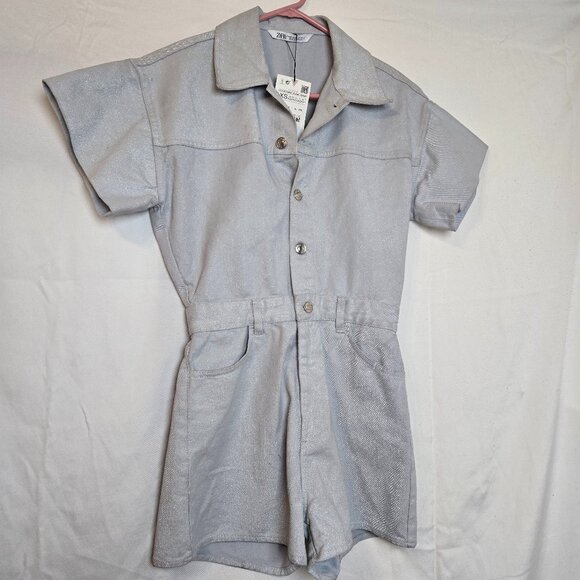 Zara Metallic Shimmering Romper Button-Down Cotton Short Slv Light Blue Size XS - Picture 1 of 13